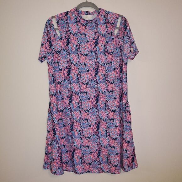 SIMPLY SOUTHERN PINK BLUE PINEAPPLE PRINT COLD SHOULDER STRETCH DRESS W/ POCKETS - Picture 1 of 5